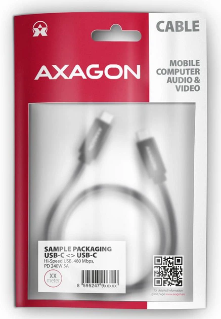 Кабель Axagon BUCM2-CM30AB USB-C - USB-C 2.0, PD 240W, 5A 3 м Black - зображення 3