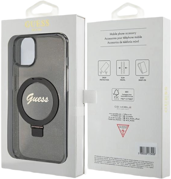 Etui plecki Guess Ring Stand Script Glitter MagSafe do Apple iPhone 14/15/13 Black (3666339156282) - obraz 8