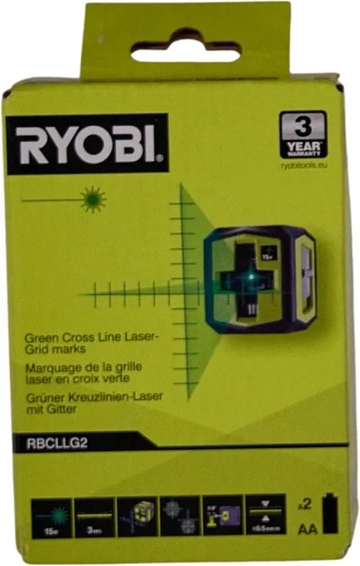 Poziomica laserowa Ryobi RBCLLG2 15 m ±0.5 mm krzyżowa zielona 2xAA 0.4 kg 5133005497 (4892210203779) - obraz 2