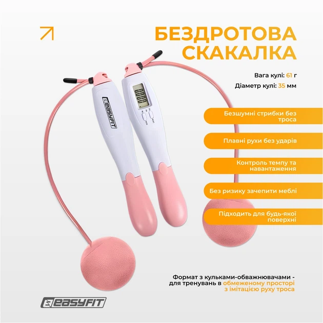 Скакалка без шнура EasyFit TwinRope EF-1909-WP со счетчиком 2.8 м Бело-розовая (56003651) - изображение 3