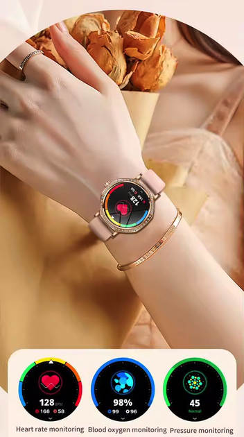 Смарт-годинник жіночий LEMFO KC98 Gold (пульсоксиметр, дзвінки) Amoled екран - зображення 8