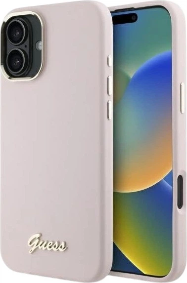 Панель Guess Silicone Script Metal Logo & Frame для Apple iPhone 16 Pink (GUHCP16SSMBSLP) - зображення 1