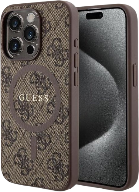 Etui plecki Guess 4G Collection Leather Metal Logo MagSafe do Apple iPhone 14 Pro Brown (3666339226442) - obraz 1