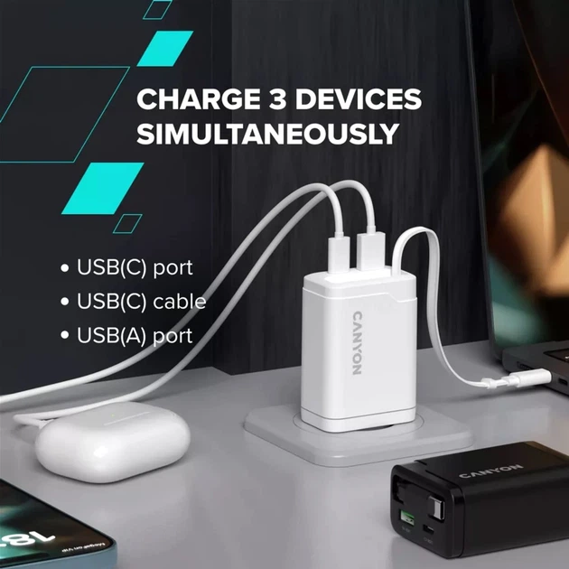 Зарядное устройство для Canyon OnCharge 65RC Build-In Cable USB-C 65W 1xPD 1xQC White (CNS-CURC65ACB) - изображение 9