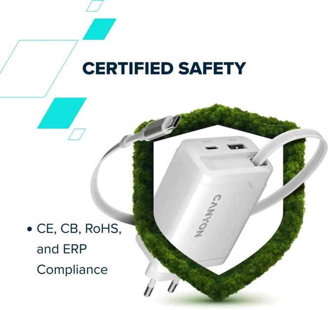 Зарядное устройство для Canyon OnCharge 65RC Build-In Cable USB-C 65W 1xPD 1xQC White (CNS-CURC65ACB) - изображение 15