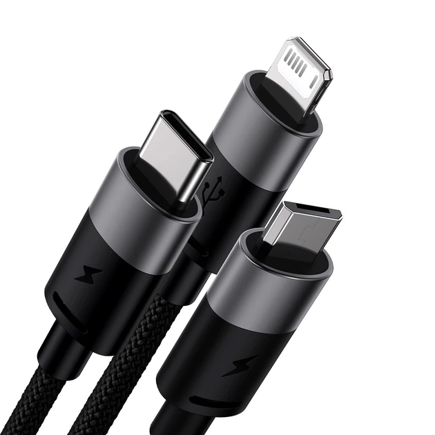 USB кабель 3в1 Micro USB/Lightning/Type-C Baseus StarSpeed One-for-three Fast Charging (1.2м, 3.5A). Black - Фото 4 USB кабель 3в1 Micro USB/Lightning/Type-C Baseus StarSpeed One-for-three Fast Charging (1.2м, 3.5A). Black - изображение 4