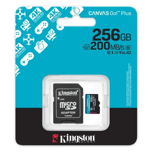 Карта пам'яті microSDXC, 256Gb, Kingston Canvas Go! Plus, Class 10 UHS-I U3 V30 A2, SD адаптер, до 200/160 МБ/с (SDCG4/256GB) - изображение 3