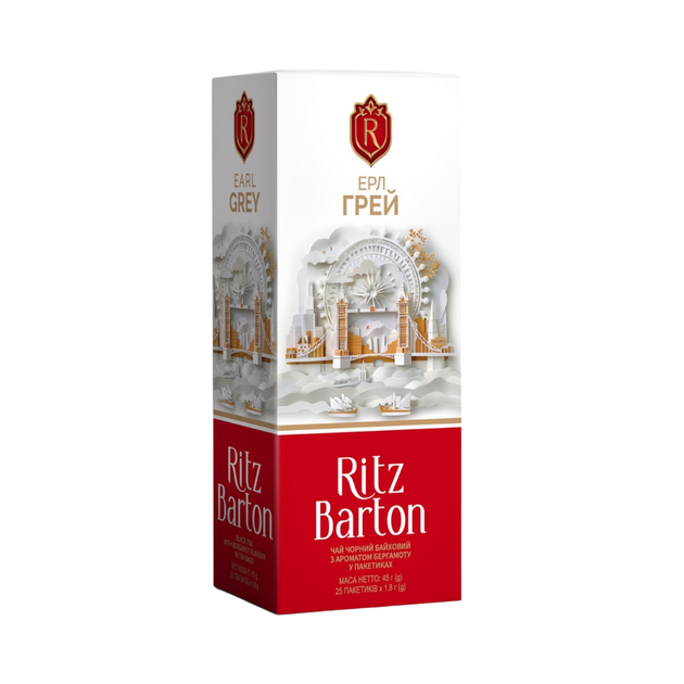 Чай чорний байховий у пакетиках 25 шт Ерлгрей Ritz Barton (4820279611228) - Фото 1 Чай чорний байховий у пакетиках 25 шт Ерлгрей Ritz Barton (4820279611228) - изображение 1
