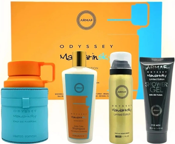 Набір для чоловіків Armaf Odyssey Mandarin Sky Парфумована вода 100 мл + Парфумований спрей для тіла 50 мл + Гель для душу 100 мл + Шампунь 100 мл (6294015195361) - зображення 2