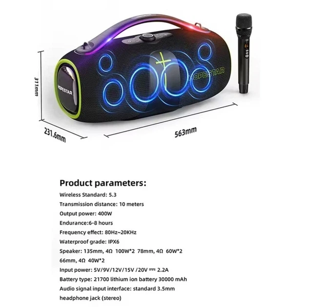 Портативная колонка Hopestar A85 400W с микрофоном, Bluetooth 5.3