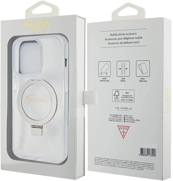 Etui plecki Guess Ring Stand Script Glitter MagSafe do Apple iPhone 15 Pro Transparent (3666339156626) - obraz 8
