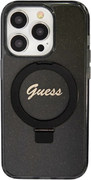 Etui plecki Guess Ring Stand Script Glitter MagSafe do Apple iPhone 15 Pro Black (3666339156343) - obraz 1