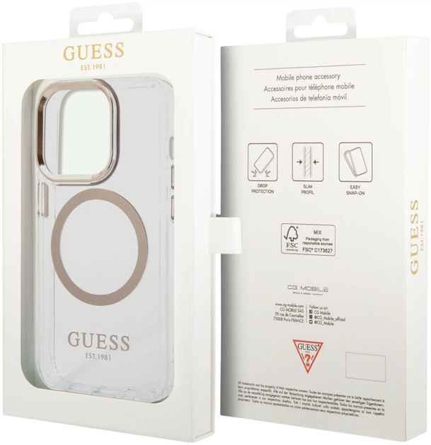 Etui plecki Guess Metal Outline Magsafe do Apple iPhone 15 Pro Transparent/Gold (3666339196912) - obraz 6