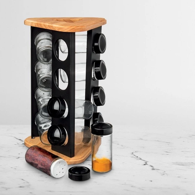 Stojak na przyprawy Orion z pojemnikami drewniany obrotowy Black 13 elementów (8592381177539) - obraz 10