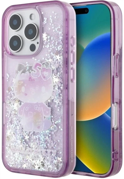 Etui plecki Hello Kitty Liquid Glitter 50TH Anniversary Party do Apple iPhone 16 Pro Purple (HKHCP16LL50PPU) - obraz 1