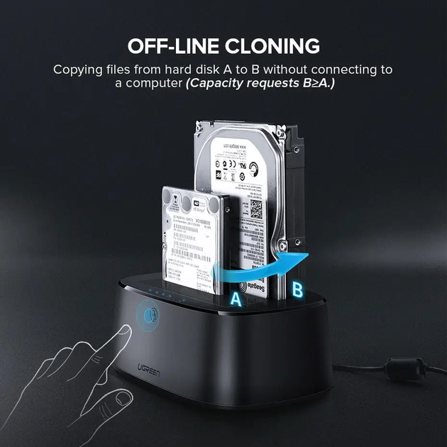 Док-станція UGREEN CM198 USB 3.0 to SATA Dual-Bay Hard Drive Duplicator/Cloner EU(UGR-50857) (UGR-50857) - изображение 4