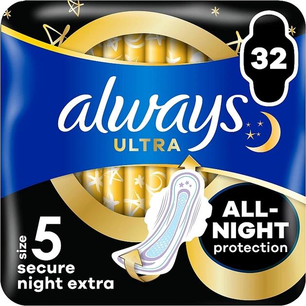 Гигиенические прокладки, размер 5, 32 шт. - Always Ultra Secure Night Extra 32шт (1188717-942717197-2) - Фото 1 Гигиенические прокладки, размер 5, 32 шт. - Always Ultra Secure Night Extra 32шт (1188717-942717197-2) - изображение 1