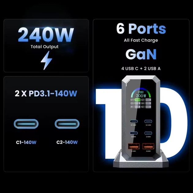 Зарядний пристрій 6-in-1 Asometech HW186 GaN 240W для швидкого заряджання iPhone MacBook ноутбуків PD3.1 Grey - изображение 3
