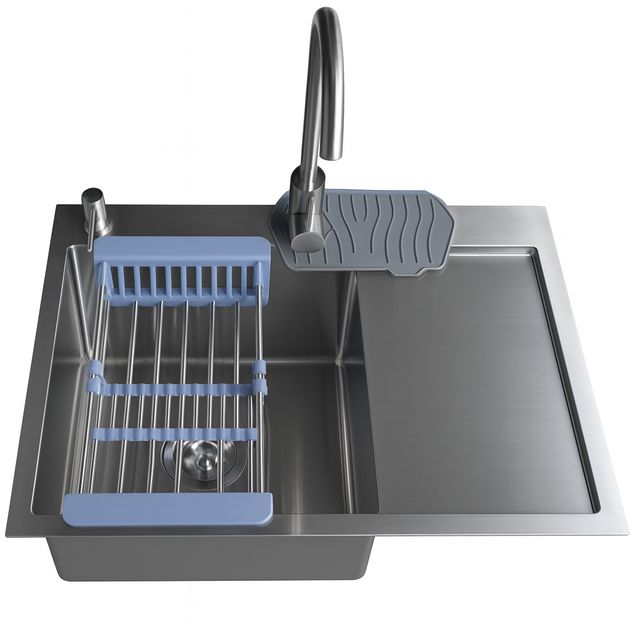 Кухонная мойка AQUAMARIN PRIME 6050 DurAlum L-Чаша ліворуч (Матовая)+Смеситель+Дозатор+Сифон+Корзина для посуды - изображение 5