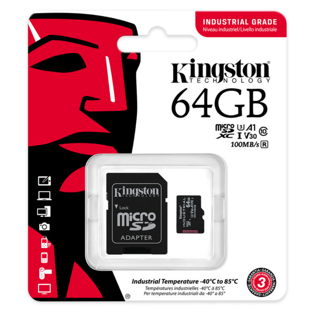 Карта памяти с адаптером microSDHC/SDXC Kingston Industrial 64GB C10 A1 U3 V30 R 100Mb/s W 80Mb/s Black (SDCIT2/64GB) - изображение 2