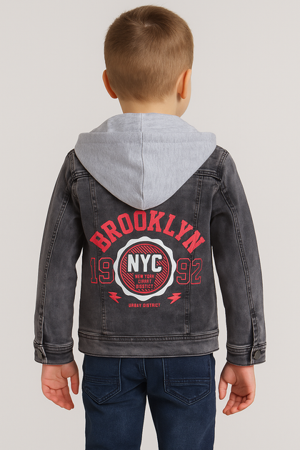Лёгкая детская джинсовая куртка Panda Brooklyn с капюшоном, 4–10 лет,116, Серый с красным - Фото 3 Лёгкая детская джинсовая куртка Panda Brooklyn с капюшоном, 4–10 лет,116, Серый с красным - изображение 3