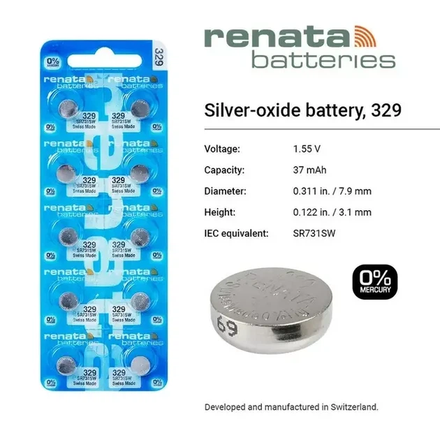 Батарейка SR731SW (329) Renata 1,55V silver oxide (1 бат.) - Фото 2 Батарейка SR731SW (329) Renata 1,55V silver oxide (1 бат.) - изображение 2