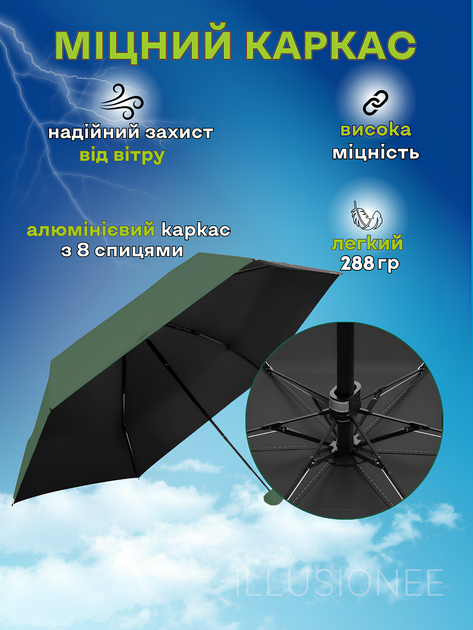 Зонт мини 3DTOYSLAMP 8 спиц в чехле складной компактный солнцезащитный ветрозащитный с прочным механизмом антиветер мужской женский стильный автоматический удобный для сумки дождя путешествий прогулок дорожный повседневный изумрудный - изображение 2