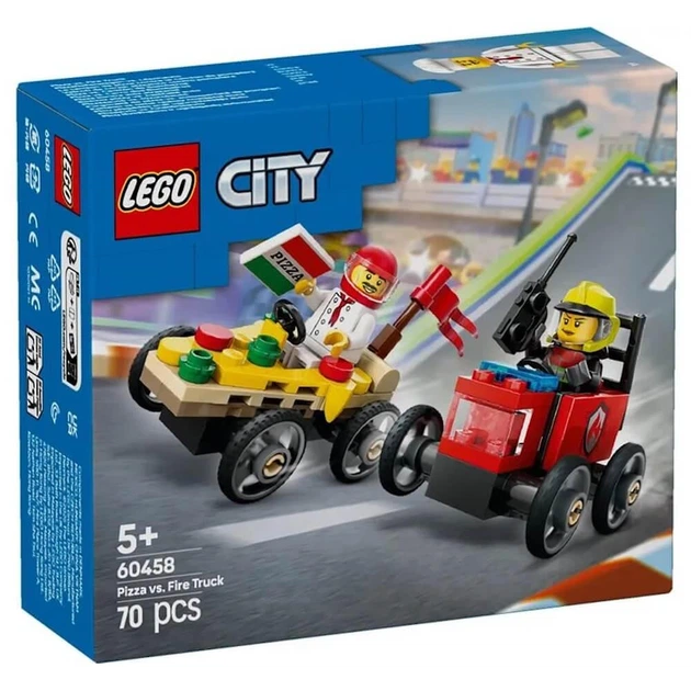 Конструктор LEGO City «Пицца-авто против пожарной машины» Набор гонок 70 деталей (60458) - Фото 1 Конструктор LEGO City «Пицца-авто против пожарной машины» Набор гонок 70 деталей (60458) - изображение 1