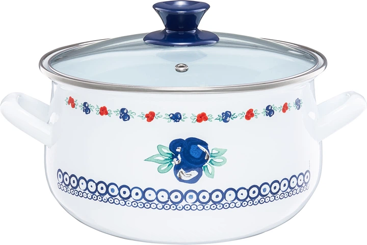 Каструля Emalia Olkusz Kalina емальована з кришкою Біло-синя 16 см 2 л (5904134611307) - зображення 1
