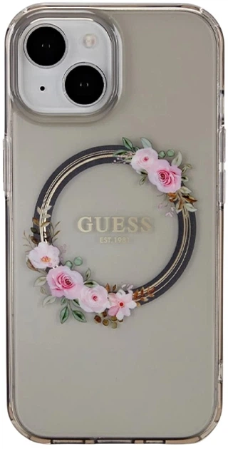 Etui plecki Guess IML Flowers Wreatch MagSafe do Apple iPhone 15/14/13 Transparent/Black (3666339221287) - obraz 2