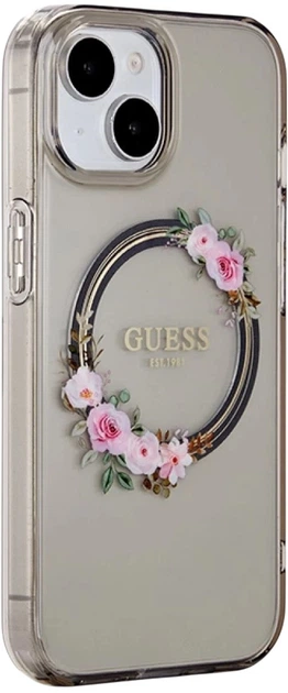 Etui plecki Guess IML Flowers Wreatch MagSafe do Apple iPhone 15/14/13 Transparent/Black (3666339221287) - obraz 4