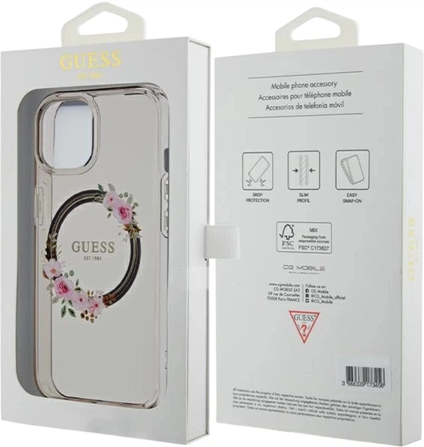 Etui plecki Guess IML Flowers Wreatch MagSafe do Apple iPhone 15/14/13 Transparent/Black (3666339221287) - obraz 8