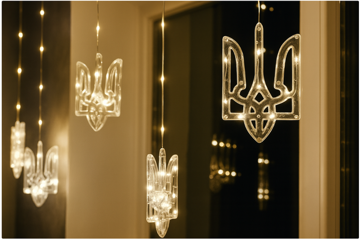 Декоративная патриотическая LED гирлянда штора Тризуб 3 метра, 8 фигурок, 136, теплый белый цвет, для дома и праздничного оформления. - Фото 2 Декоративная патриотическая LED гирлянда штора Тризуб 3 метра, 8 фигурок, 136, теплый белый цвет, для дома и праздничного оформления. - изображение 2