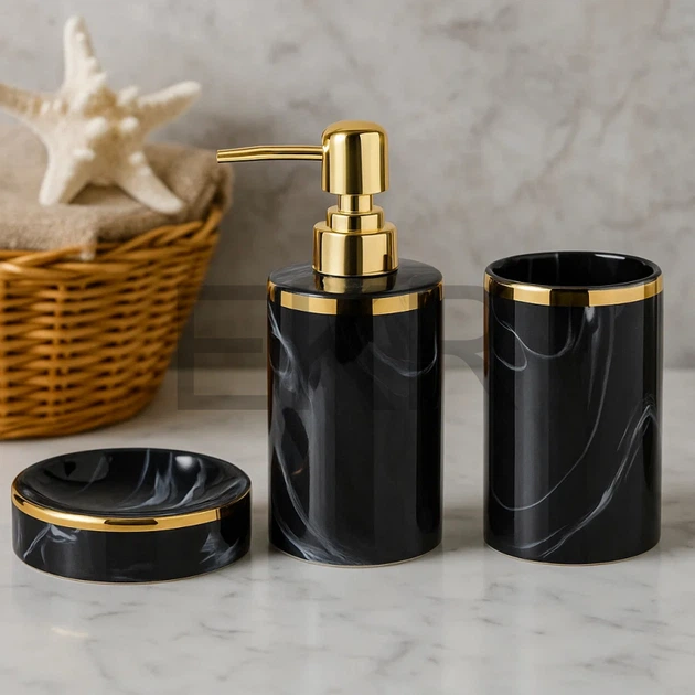 Набір "Luxury Marble" для ванної кімнати: дозатор 350 мл, склянка, мильниця, чорний мармур із золотом (851-338) - изображение 2