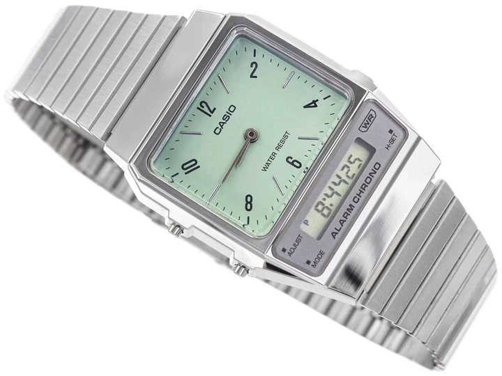 Унисекс часы Casio Vintage AQ-800E-3AEF — аналого-цифровые, зелёный циферблат, стальной браслет - изображение 3