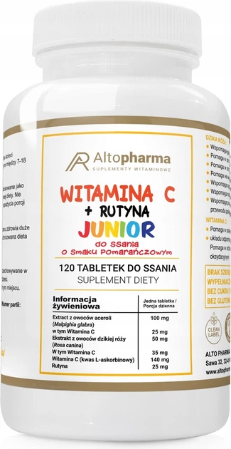 Suplement diety Alto Pharma Witamina C + Rutyna Junior o smaku pomarańczowym 120 tabletek do ssania (5903715549763) - obraz 1