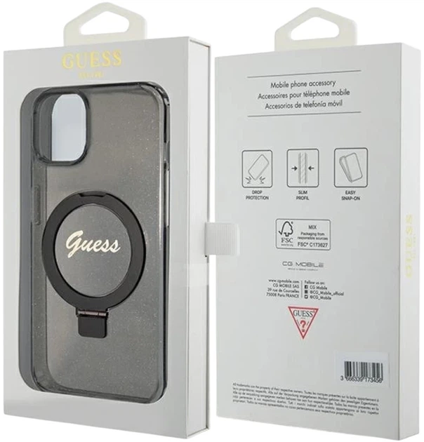Etui plecki Guess Ring Stand Script Glitter MagSafe do Apple iPhone 15/14/13 Black (3666339156329) - obraz 8