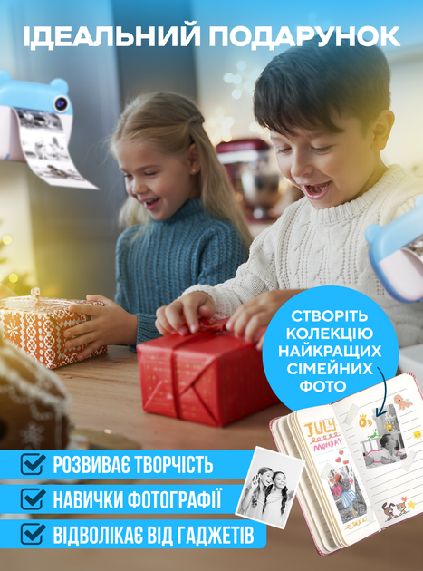 Фотоаппарат мгновенной печати детский цифровой полароид с термопечатью играми селфи видеокамера Full HD для детей с принтером картой памяти набор подарочный с бумагой фломастерами 3в1 подарок для девочки мишка OnePro Голубой 63453 - изображение 2
