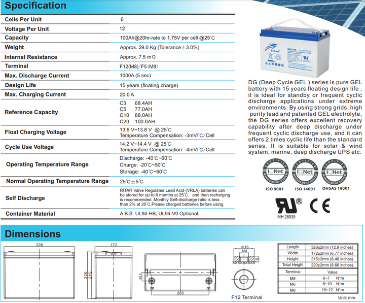 Аккумулятор GEL RITAR DG12-100 - изображение 2