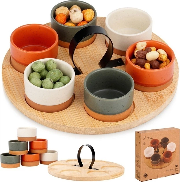 Zestaw misek na przekąski Excellent Houseware ceramicznych na tacy Wielokolorowy 7 elementów (8721037099929) - obraz 3