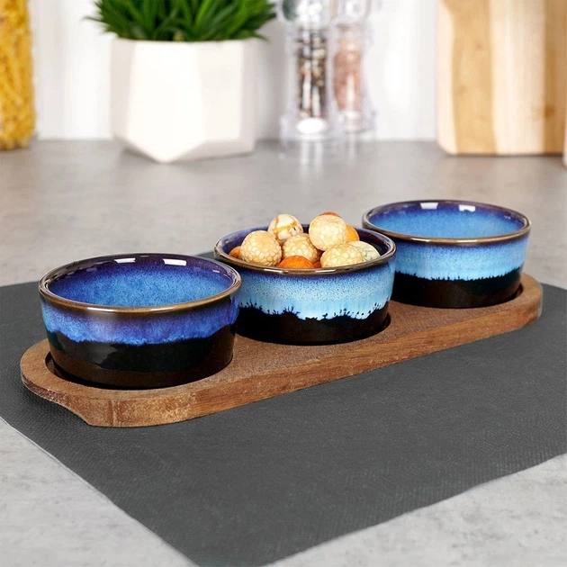 Zestaw misek na przekąski Excellent Houseware ceramicznych na tacy Niebieski 3 szt (139309-N) - obraz 5
