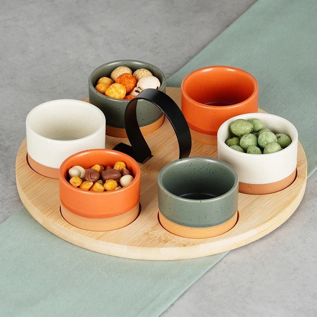 Zestaw misek na przekąski Excellent Houseware ceramicznych na tacy Wielokolorowy 7 elementów (8721037099929) - obraz 5
