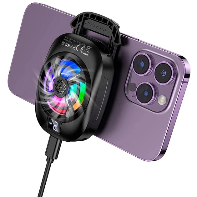 Мобільний кулер Hoco GM76 (зажим) LED-дисплей та RGB-підсвічування для охолодження для телефона/смартфона на IOS Android Андроїд Чорний - изображение 5