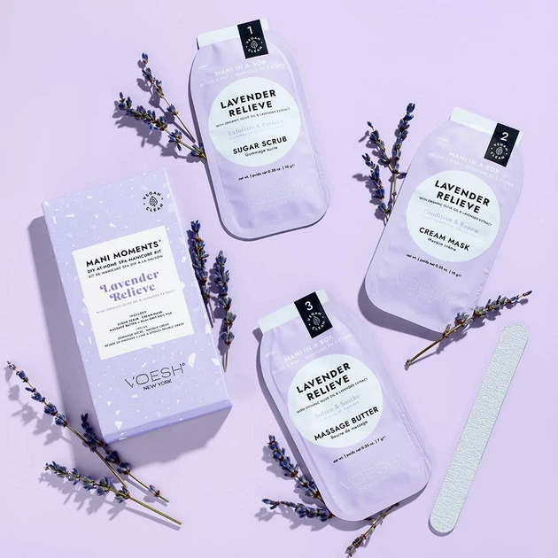 Набір доглядової косметики для рук та нігтів Voesh Mani Moments Lavender Relieve Цукровий скраб 10 г + Кремова маска 10 г + Масажне масло 7 г + Пилка для нігтів (818463023043) - зображення 2