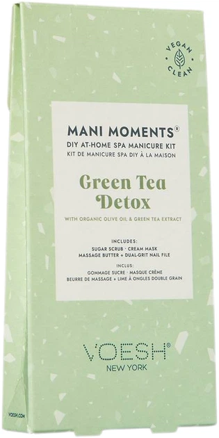 Набір доглядової косметики для рук та нігтів Voesh Mani Moments Green Tea Detox Цукровий скраб 10 г + Кремова маска 10 г + Масажне масло 7 г + Пилка для нігтів (818463023029) - зображення 1