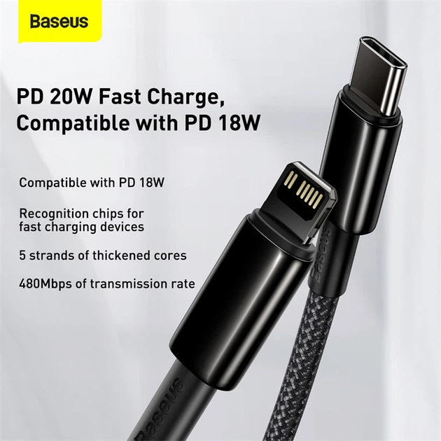 Kabel Baseus Tungsten Gold Fast Charging Data Cable Type-C to iP PD 20W 2 m Black (CATLWJ-A01) - obraz 11
