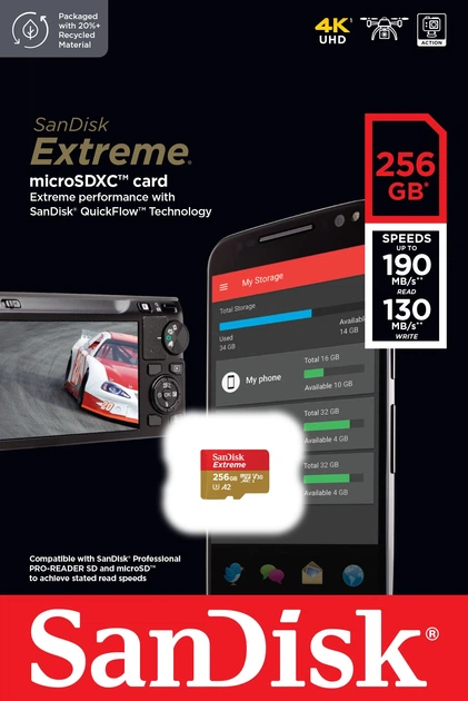 Karta pamięci SanDisk Extreme microSDXC UHS I 256GB Class A2 V30 (SDSQXAV-256G-GN6GN) - obraz 2