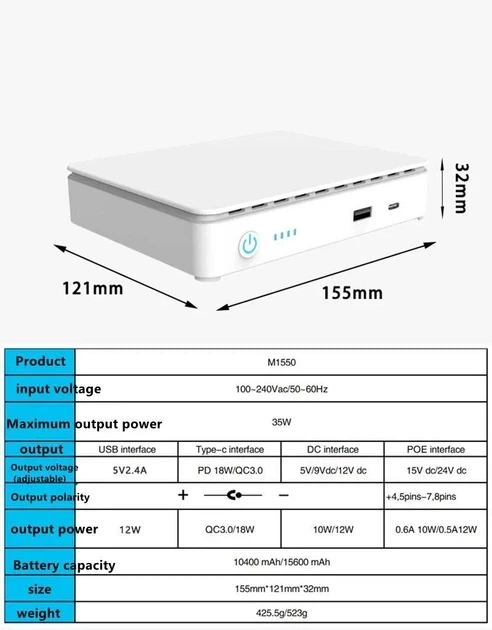 Бесперебойник для роутера 15600 mAh 35W ИБП повербанк компактный для медиаконвертера павербанк wi fi роутеров 5v 9v 12 вольт mini ups M1550 с аккумулятором источник бесперебойного питания вай фай power bank повербанки бесперебойники - изображение 7