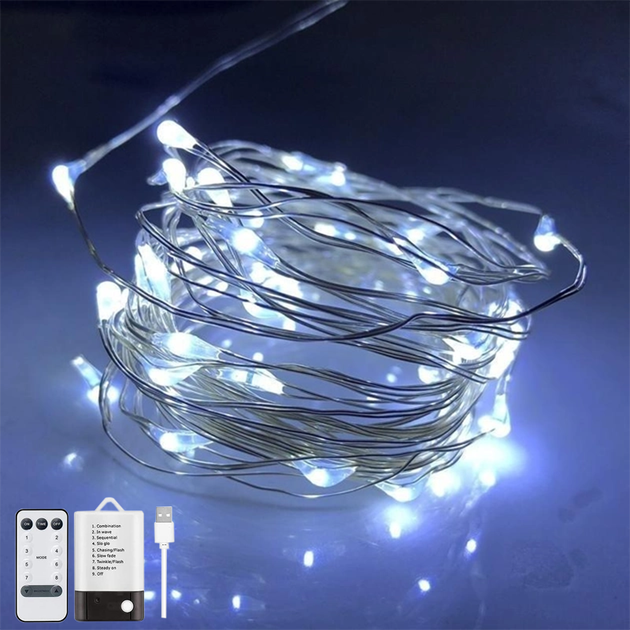 LED гирлянда новогодняя 100LED 10м цвет Холодный Белый 8 режимов с диммированием 2 в 1 от USB и батареек с пультом ДУ - Фото 1 LED гирлянда новогодняя 100LED 10м цвет Холодный Белый 8 режимов с диммированием 2 в 1 от USB и батареек с пультом ДУ - изображение 1
