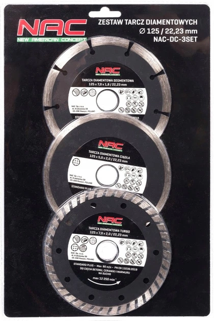 Zestaw tarcz diamentowych Nac 125 mm / 22.23 mm DC-3SET 3 szt. (5902490787599) - obraz 1